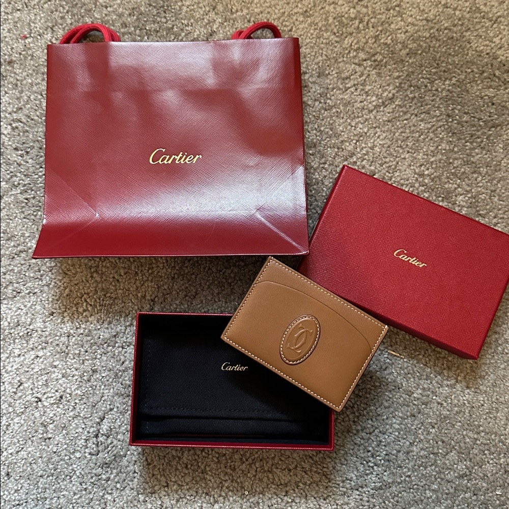 Cartier Tan Leather Card Holder with Red Packaging